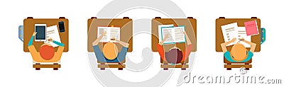 Boy and Girl Pupil or Students Sitting at Desk Top View Vector Set Vector Illustration