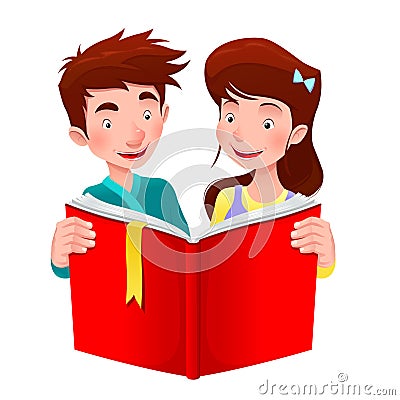 Boy and girl are reading a book. Vector Illustration