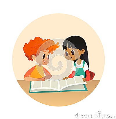 Boy and girl reading book and talking to each other at school library. School kids discussing story in round frames Vector Illustration