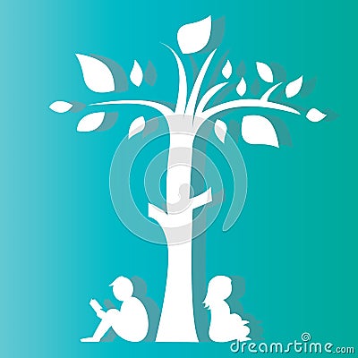 Boy and girl reading under a tree Vector Illustration