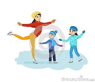 Boy and girl ride on ice, mom shows master class. Vector Illustration