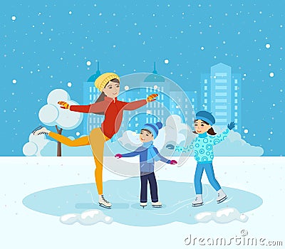 Boy and girl ride on ice, mom shows master class. Vector Illustration