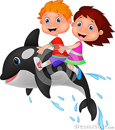 Boy and girl riding orca Vector Illustration