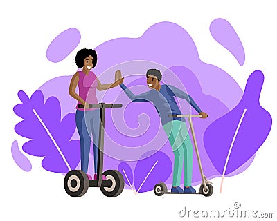 Boy and girl riding scooters flat vector illustration. Friends, couple in love, smiling young people on electric and Vector Illustration