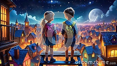 Boy and girl on the roof looking at a magical moonlit mountain village.?hildhood,children's imagination, fantasy Stock Photo
