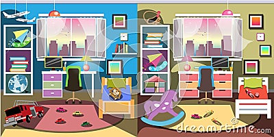 Boy and girl room set Vector Illustration