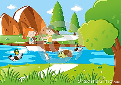 Boy and girl rowing bow in river Vector Illustration