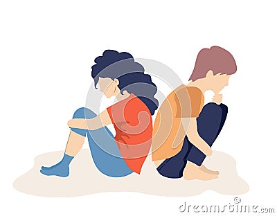 Boy and girl are sad teens. Depressed sad teens are sitting on the floor. Depressed teens. A quarreling girl and guy are Vector Illustration