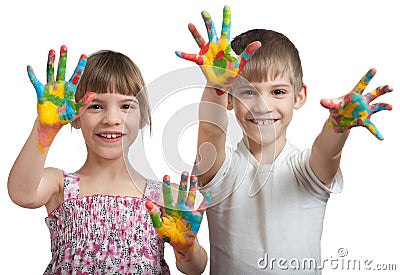 Kids show their hands soiled in a paint Stock Photo