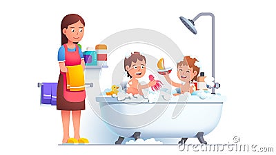 Boy and girl siblings family bathing playing games Vector Illustration