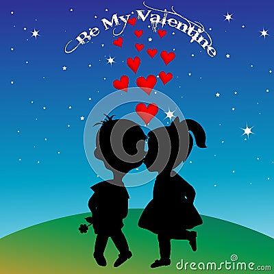 Boy and girl silhouettes kissing Vector Illustration