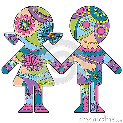 Boy and girl simple silhouette painted colorful Stock Photo