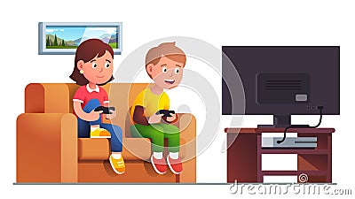 Boy, girl sit on sofa playing console video game Vector Illustration