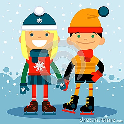 Boy and girl in skates on the rink. Winter sports and recreation. Vector illustration flat design Vector Illustration