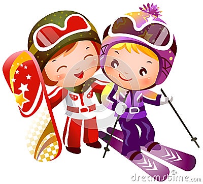 Boy and Girl skiing Vector Illustration