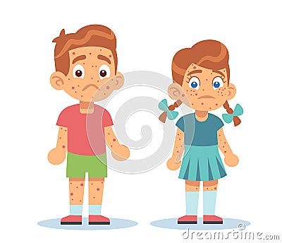 Boy and girl with skin problems, with rashes all over their bodies. Chickenpox, measles and atopic dermatitis Vector Illustration