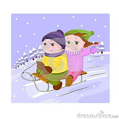 Boy and girl are sledding on winter background. Vector Illustration