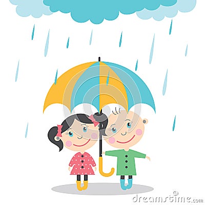 Boy and girl standing in the rain under umbrella. Vector Illustration