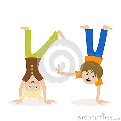 Boy and girl standing upside down on their hands. Children having fun or athletics. Morning exercise or playing sports Vector Illustration
