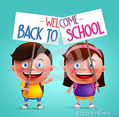 Boy and girl student vector character with happy smile holding placard Vector Illustration