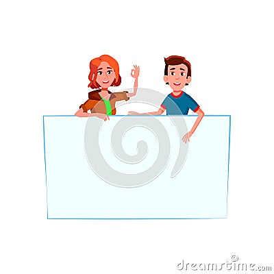 Boy And Girl Students Holding Blank Banner Vector Vector Illustration