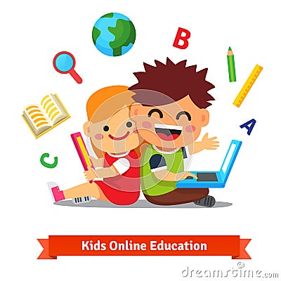Boy and girl studying together with laptop Vector Illustration