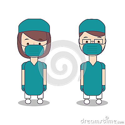 boy and girl surgery doctor with mask and surgical glove healthcare medicine operation treatment consultant disease Vector Illustration