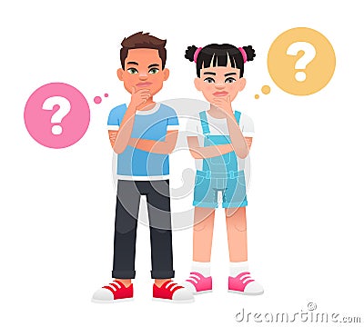 A boy and a girl surrounded by question bubbles. Children's problems. Young children have a question. Vector Illustration