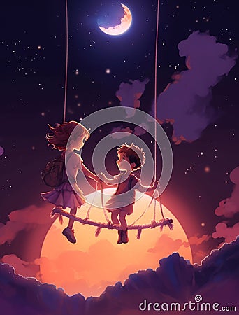 a boy and girl swing on a moon image Stock Photo