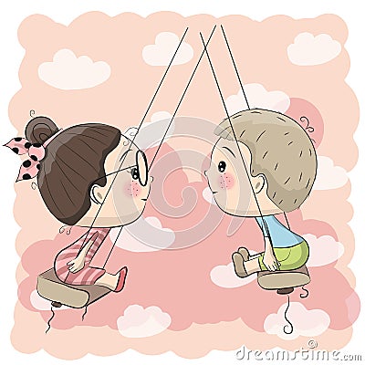 Boy and Girl on the swing Vector Illustration