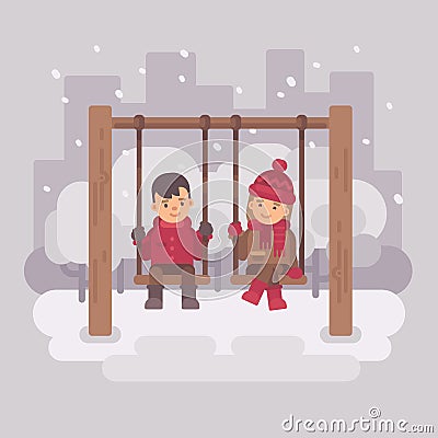 Boy and girl on swings in a winter city park. Two cute children Vector Illustration
