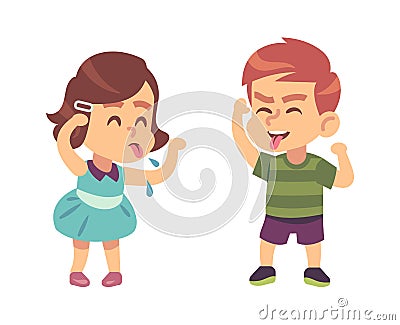 Boy and girl teasing each other. Naughty preschooler show tongue, happy children funny games, bad manners kids conflict Cartoon Illustration