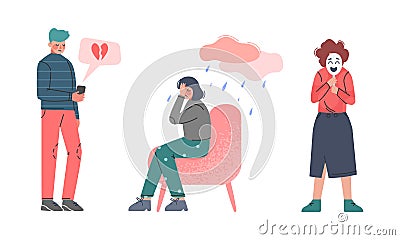 Boy and Girl Teenagers Suffering from Psychological Problems and Mental Disorder with Rainy Cloud and Mask Vector Set Vector Illustration