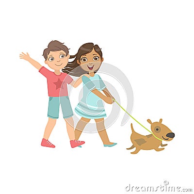 Boy And Girl Walking The Dog Together Vector Illustration