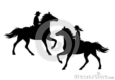 Boy and girl wearing cowboy hat riding running horse black vector silhouette Vector Illustration