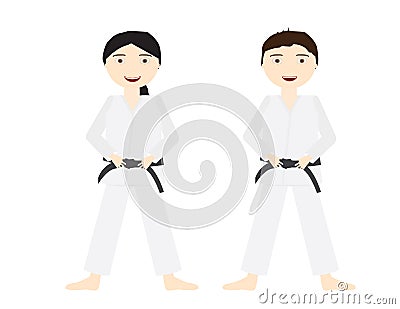 Two kids with White Judo uniforms and black belts Vector Illustration