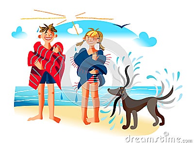 Boy girl wrapped in towel, dog shakes off water Vector Illustration