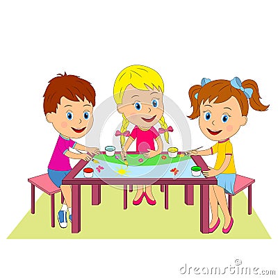 Boy and girls draw at the table Vector Illustration