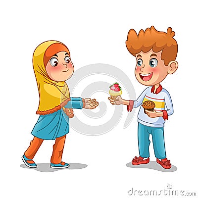 Boy Give The Cupcake to The Muslim Girl Vector Illustration