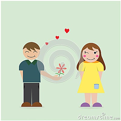Boy give flower to girl, courtship and love concept. Vector Illustration