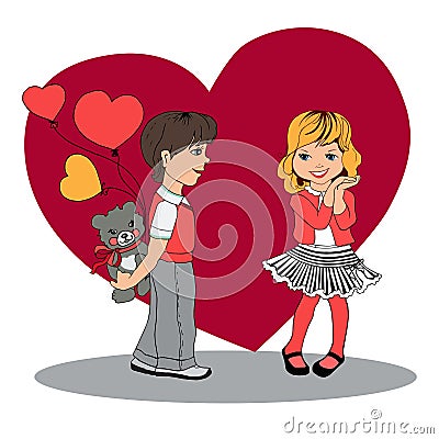 Boy gives a girl a gift.Valentine`s Day Vector Illustration