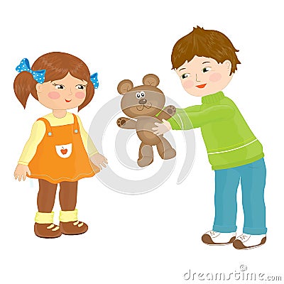 The boy gives the girl a teddy bear Stock Photo