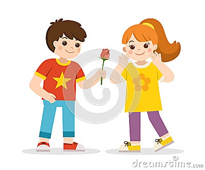 Boy giving a rose to a girl. Couple propose with flower. Couple on romantic date. Vector Illustration