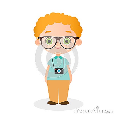 Boy with glasses and camera. Vector illustration eps 10 isolated on white background. Flat cartoon style. Vector Illustration