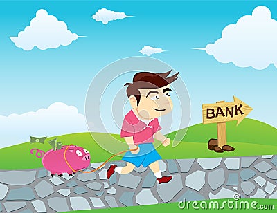 Boy go to Bank Vector Illustration