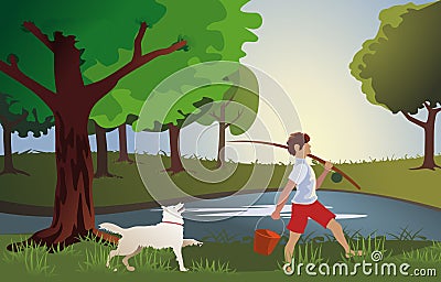 Boy goes fishing with an important dog Stock Photo