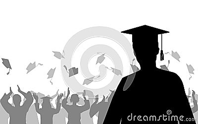 Boy graduate on background of joyful crowd of graduates throwing their academic square caps, silhouettes. Graduation ceremony. Vector Illustration