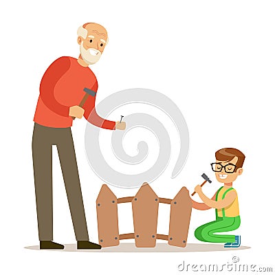 Boy And Grandfather Hammering Nails In The Fence, Part Of Grandparents Having Fun With Grandchildren Series Vector Illustration