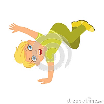 Boy In Green Dancing Breakdance Performing On Stage, School Showcase Participant With Musical Artistic Talent Vector Illustration