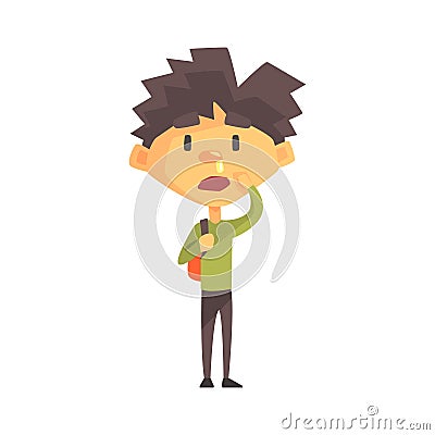 Boy In Green Sweater With Running Nose, Primary School Kid, Elementary Class Member, Isolated Young Student Character Vector Illustration